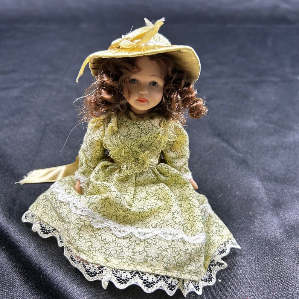 Vintage Porcelain Doll Green Floral Lace Dress Auburn Hair Victorian Style Hat